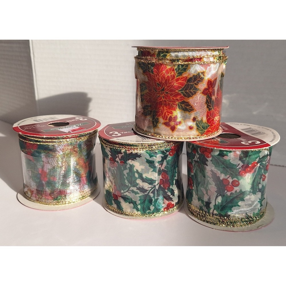Mixed lot of 4 rolls holiday Time wired xmas ribbon 2.5 inch x 9 feet each